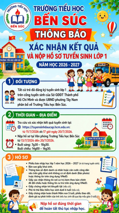 Thông báo xác nhận kết quả và nộp hồ sơ tuyển sinh lớp 1 năm học 2026 -2027